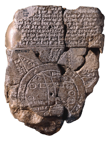 خريطة العالم البابلية(القرن الخامس ق.م.)، وتضح الأيكومين القديم الذي يخترقه نهر الفرات